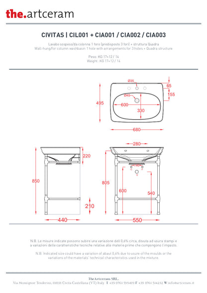 Struttura quadra con Vetro per lavabo cm 68 Civitas