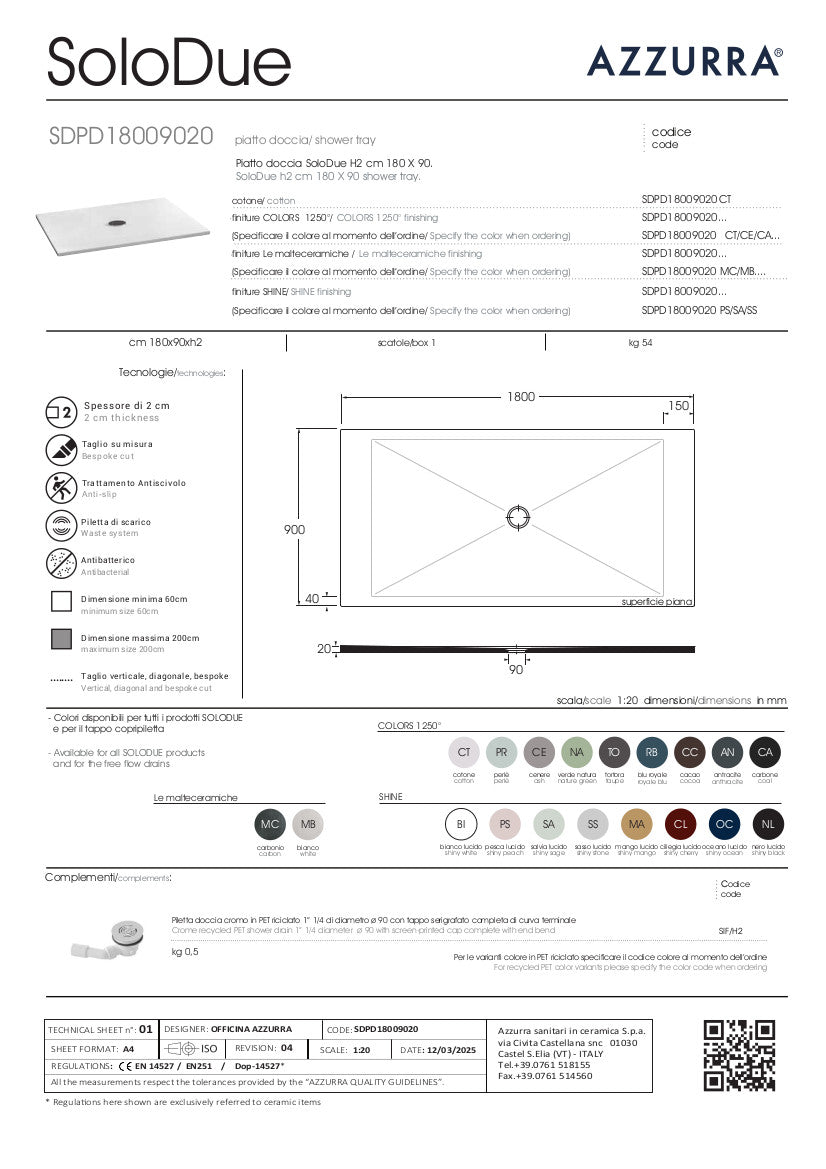 Piatto Doccia cm 180x90xH2 SoloDue