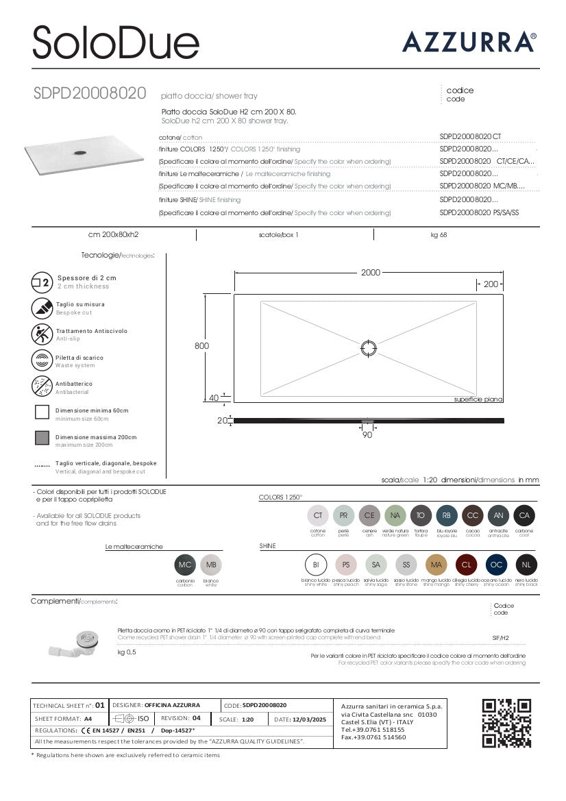 Piatto Doccia cm 200x80xH2 SoloDue