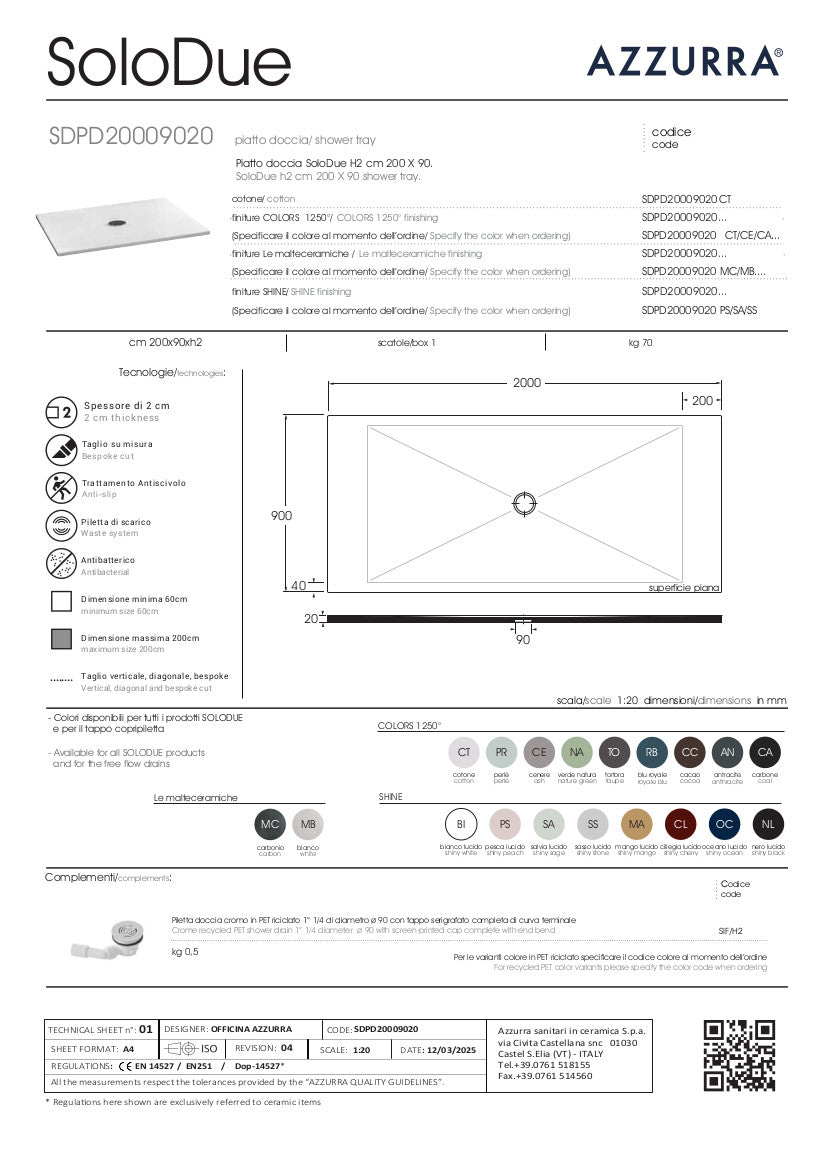 Piatto Doccia cm 200x90xH2 SoloDue
