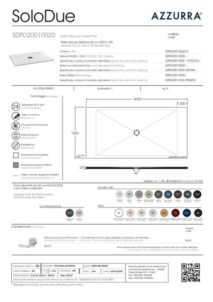 Piatto Doccia cm 200x100xH2 SoloDue