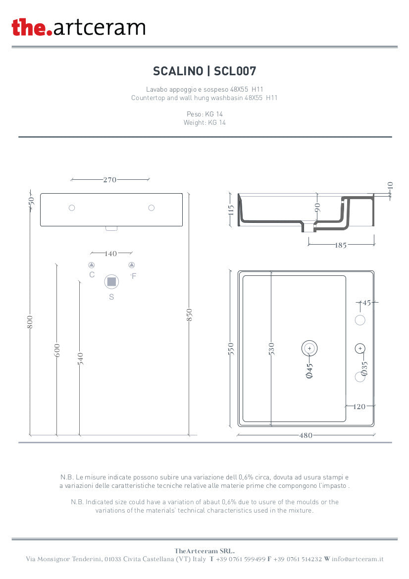 Lavabo suspendu/à poser 55 x 48 cm à marches