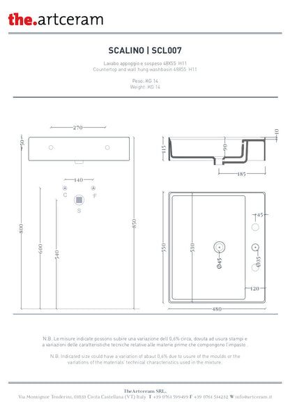 Lavabo suspendu/à poser 55 x 48 cm à marches