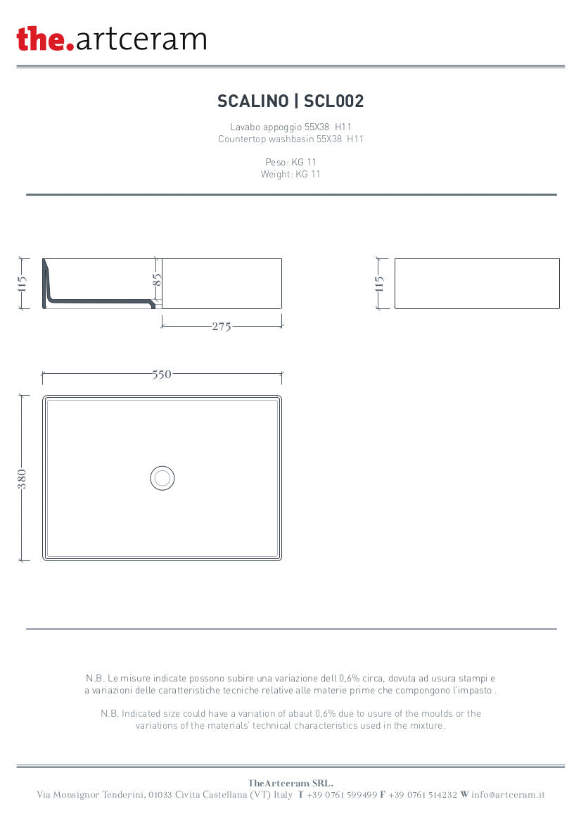 Lavabo da Appoggio Rettangolare 38x55 Scalino