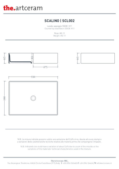 Lavabo da Appoggio Rettangolare 38x55 Scalino