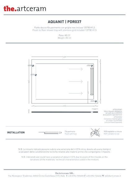 Piatto doccia 80x120 H15 Aquanit