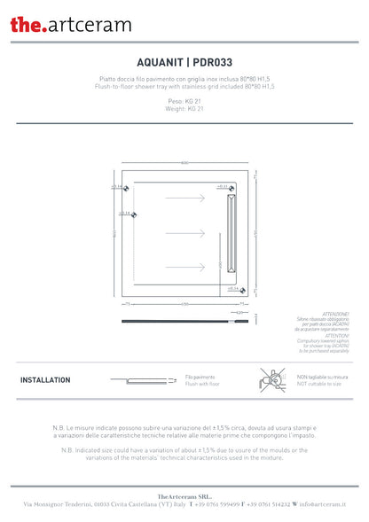 Piatto doccia 80x80 H15 Aquanit