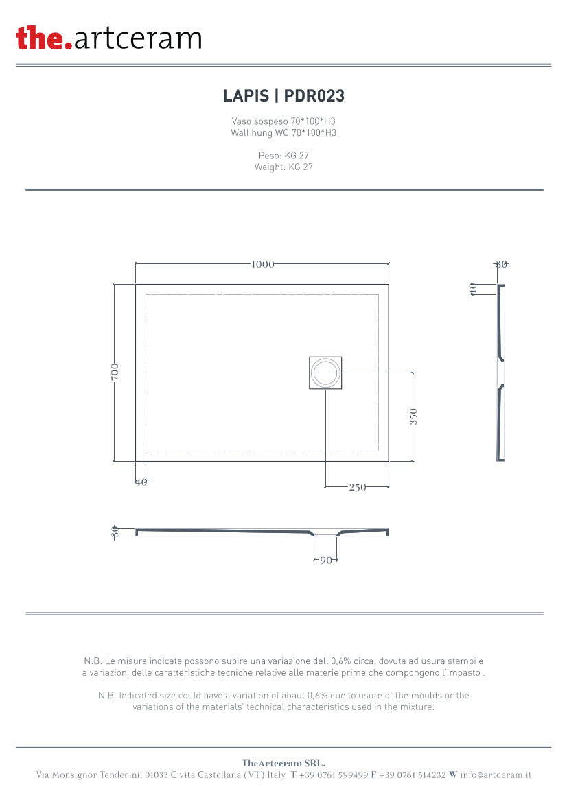 Receveur de douche 100x70 H3 Lapis